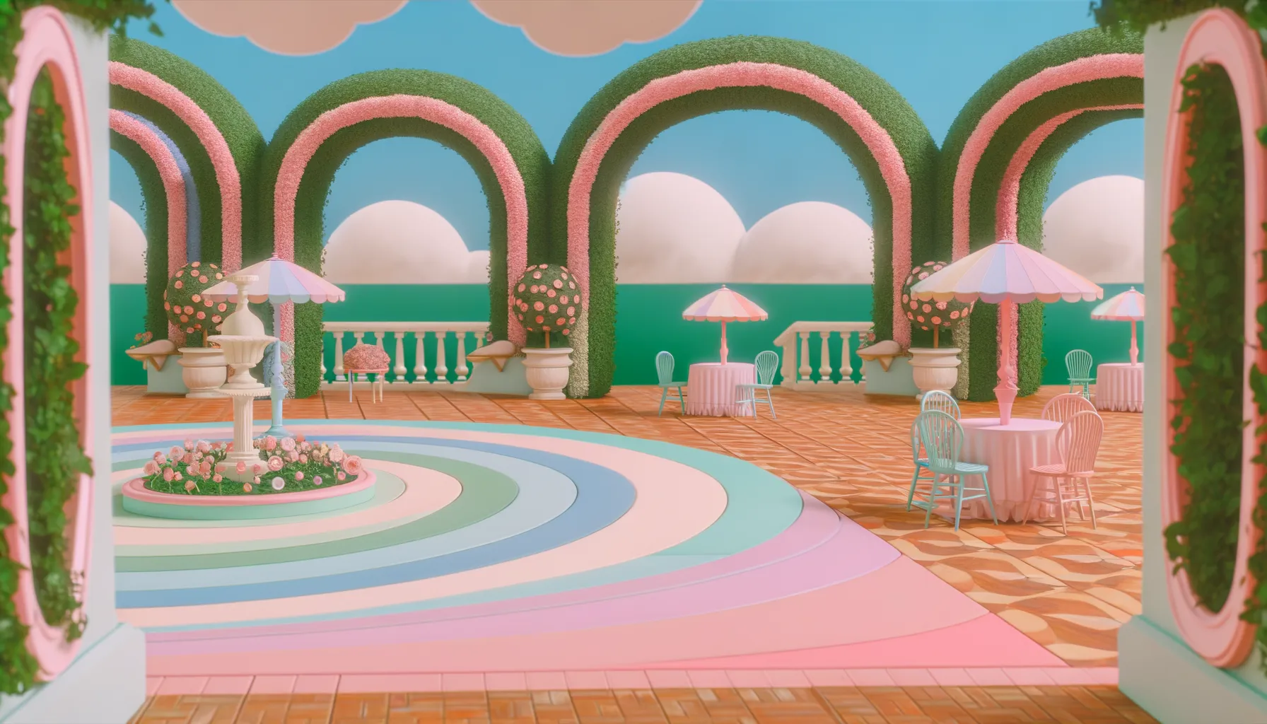 Colorful surrealist garden terrace with pastel-colored arches and whimsical outdoor furniture.