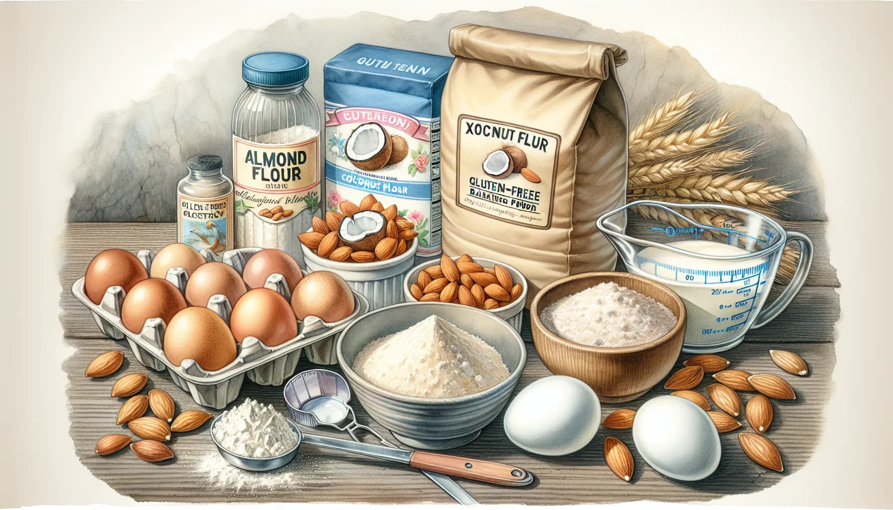 A variety of baking ingredients including flour, eggs, milk, and nuts set for a delightful cooking session