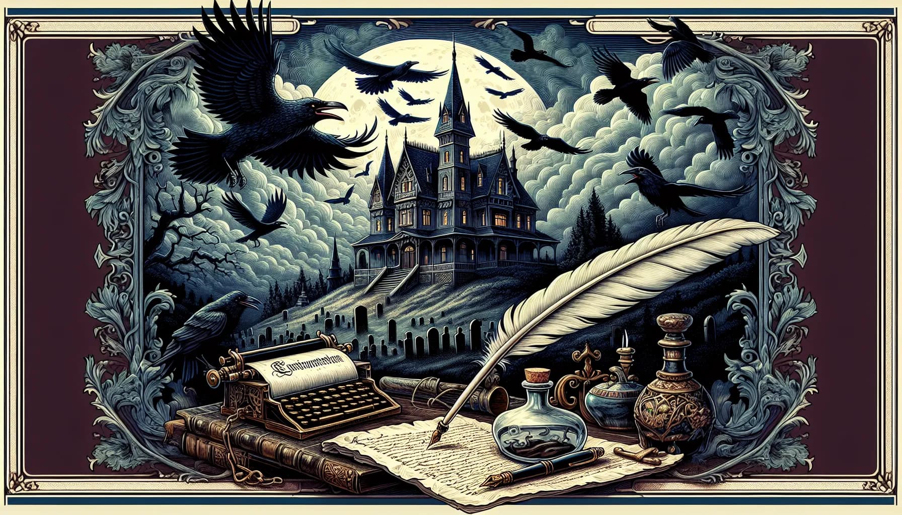 A mystical castle emerges from the shadows, guarded by ravens under a ghostly moon, while nearby lies the quill and ink of a bygone story waiting to be told.