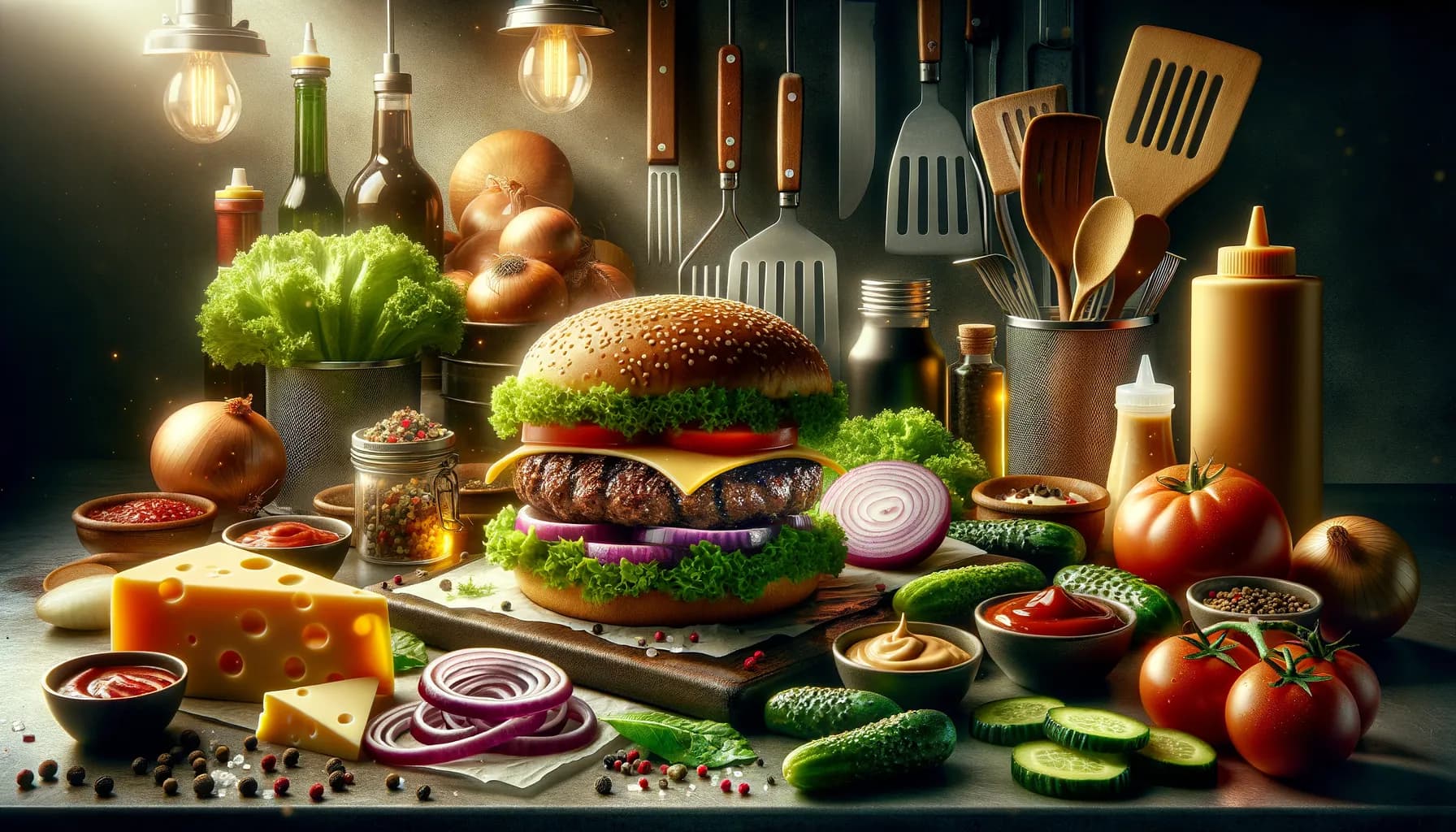 A gourmet burger masterpiece surrounded by fresh ingredients and kitchen tools under a mystical glow