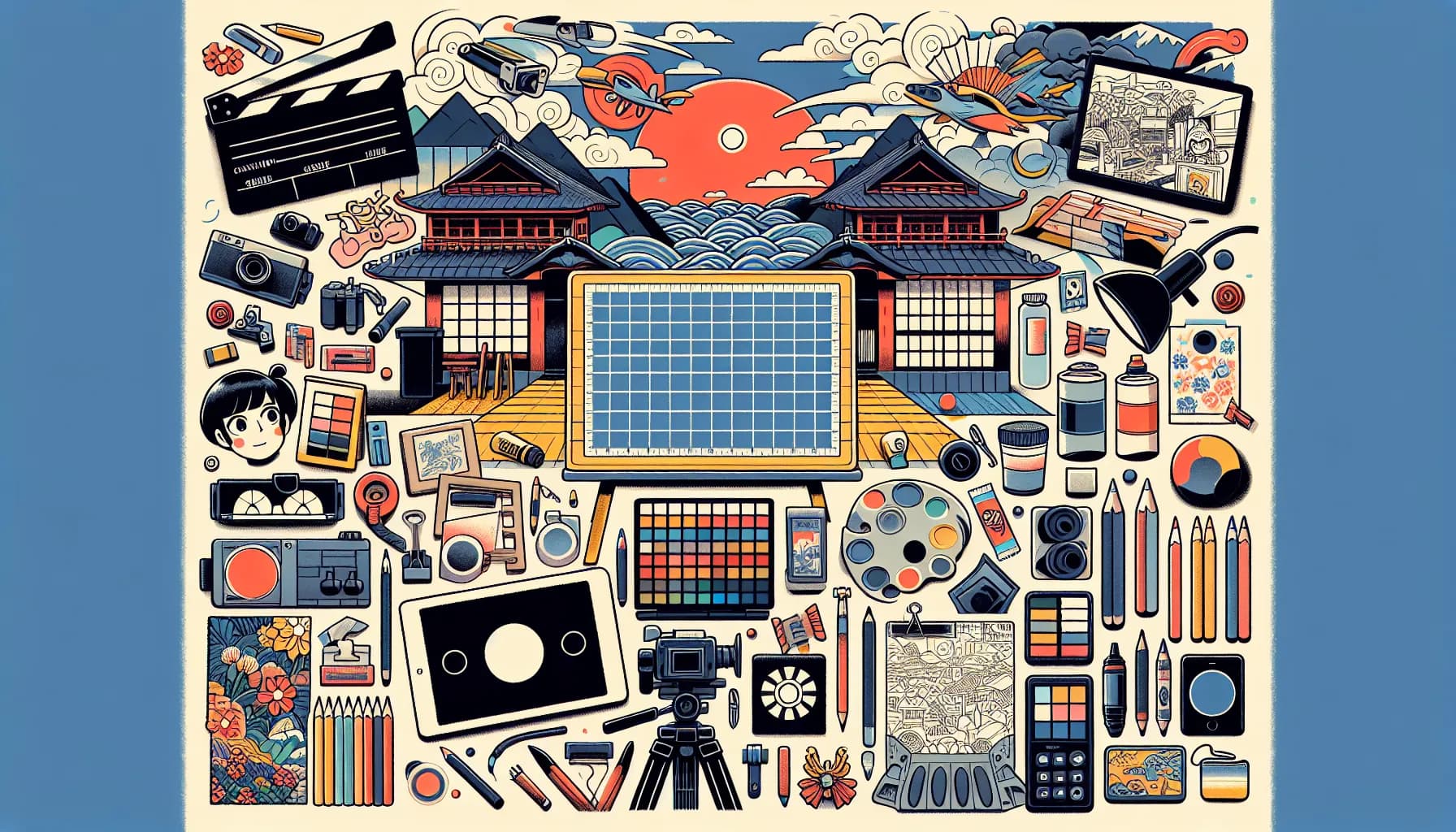 A vibrant collage showcasing Japan's fusion of traditional architecture and culture with modern technology and electronics