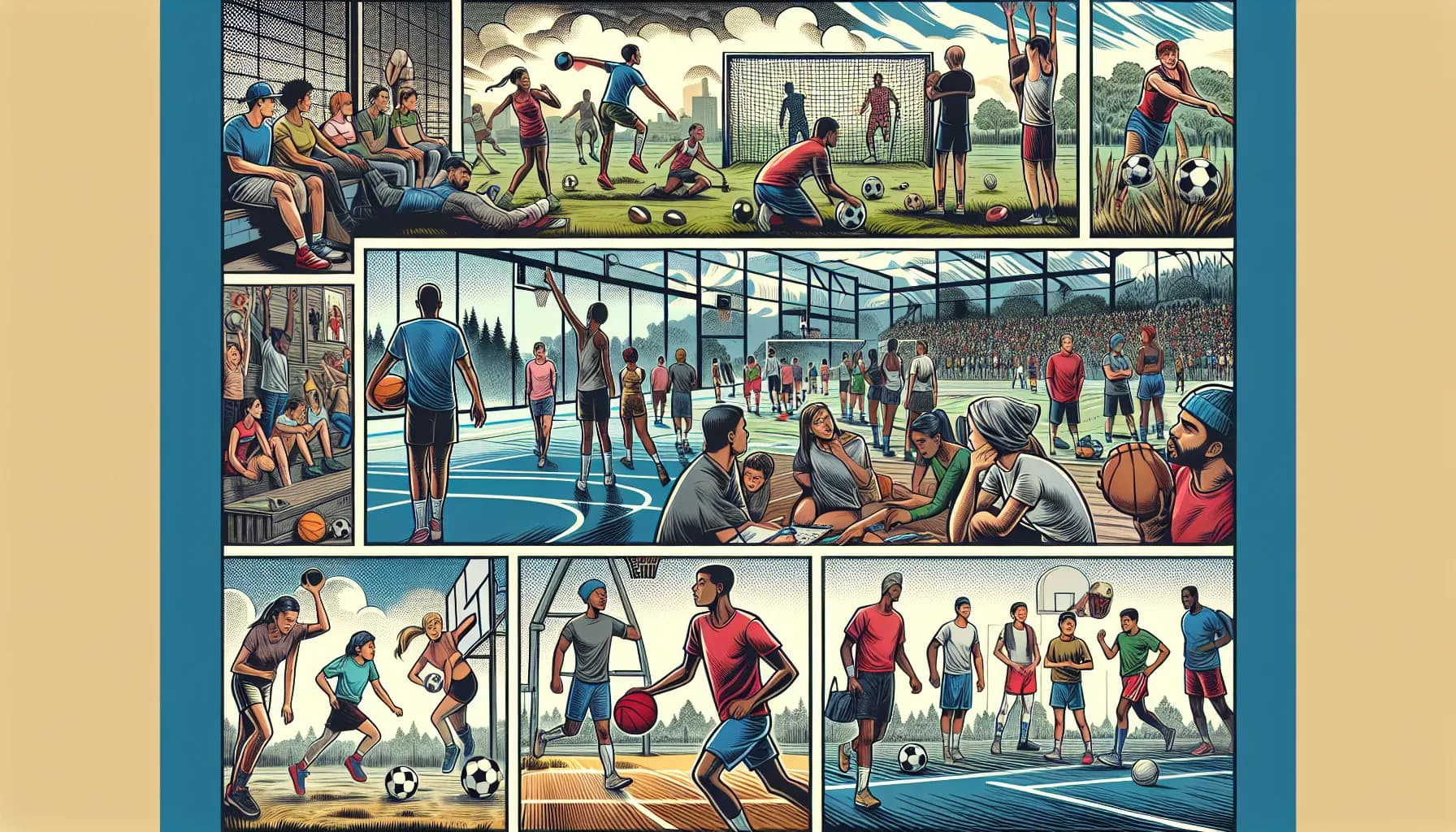 A dynamic montage of indoor gym activities, showcasing people engaged in various sports and exercises, from basketball and soccer to weightlifting and treadmill running, in a bustling community sports complex.
