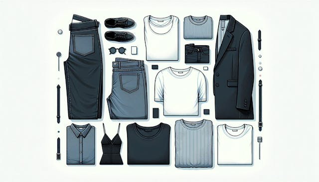 Essential wardrobe pieces neatly arranged showcasing a variety of clothing items including trousers, shirts, a jacket, shoes, and accessories for a stylish, versatile outfit selection