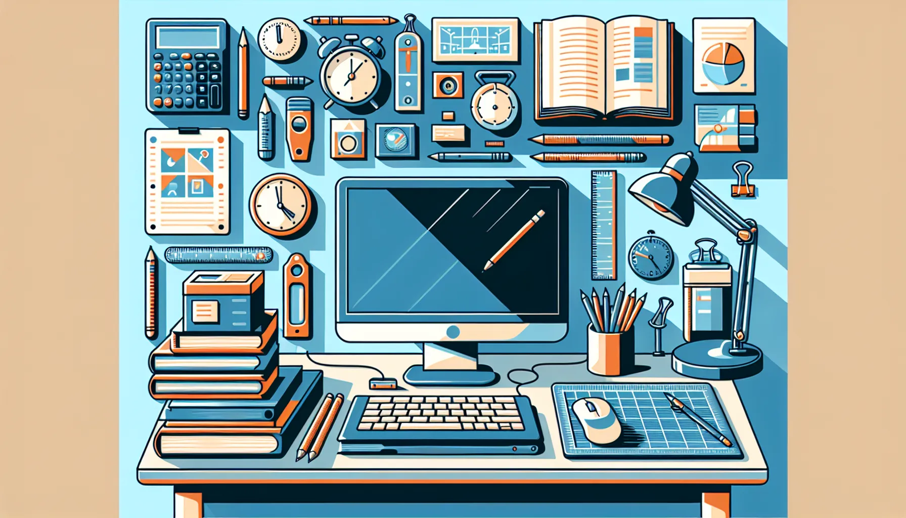 A vintage style workspace packed with retro gadgets and tools, organized neatly around a central computer monitor