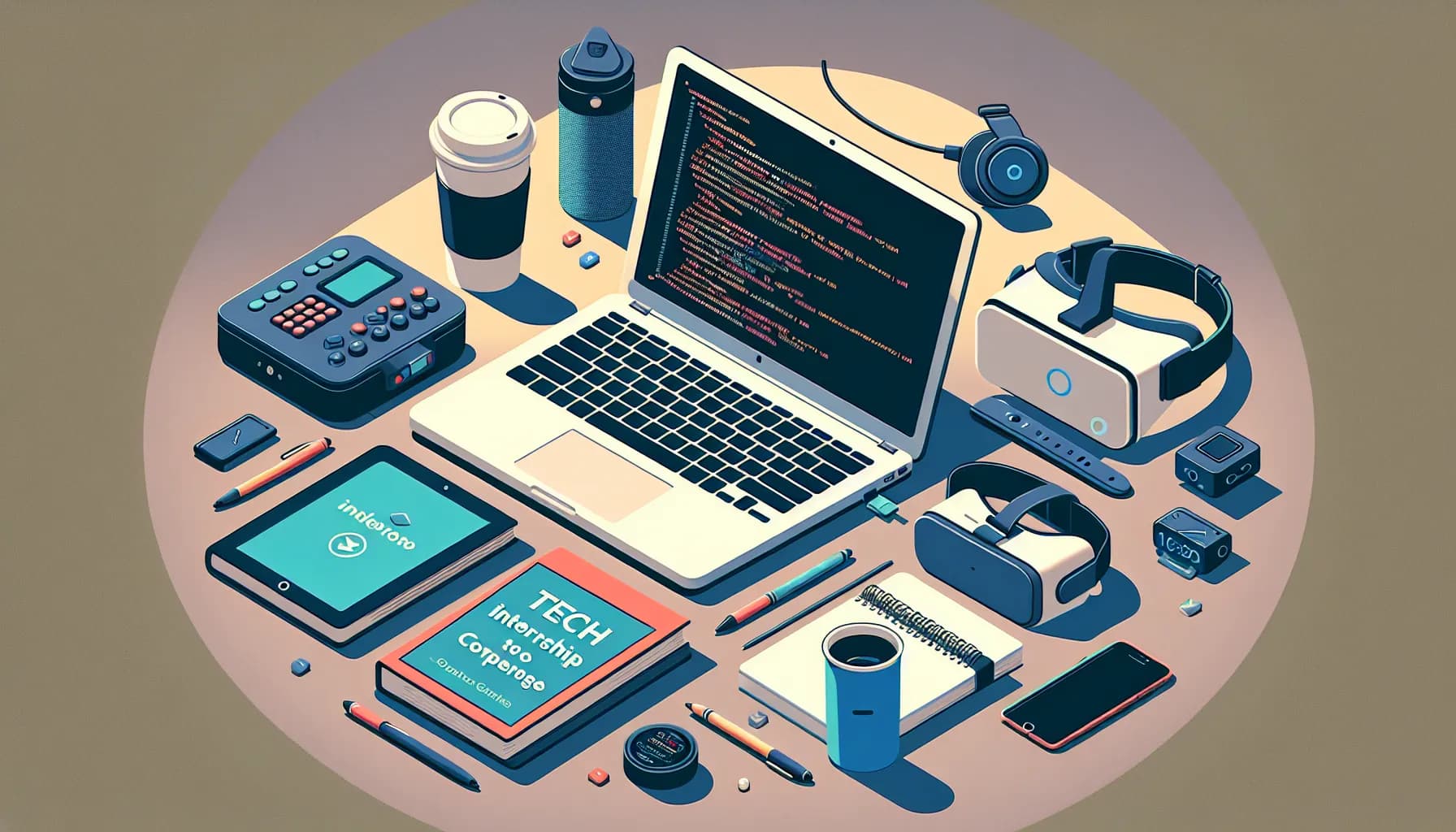 A modern tech enthusiast's workspace featuring a laptop with code on-screen, surrounded by gadgets like a smartwatch, headphones, a tablet, gaming console controllers, and a coffee cup, all neatly organized in a stylish setting.
