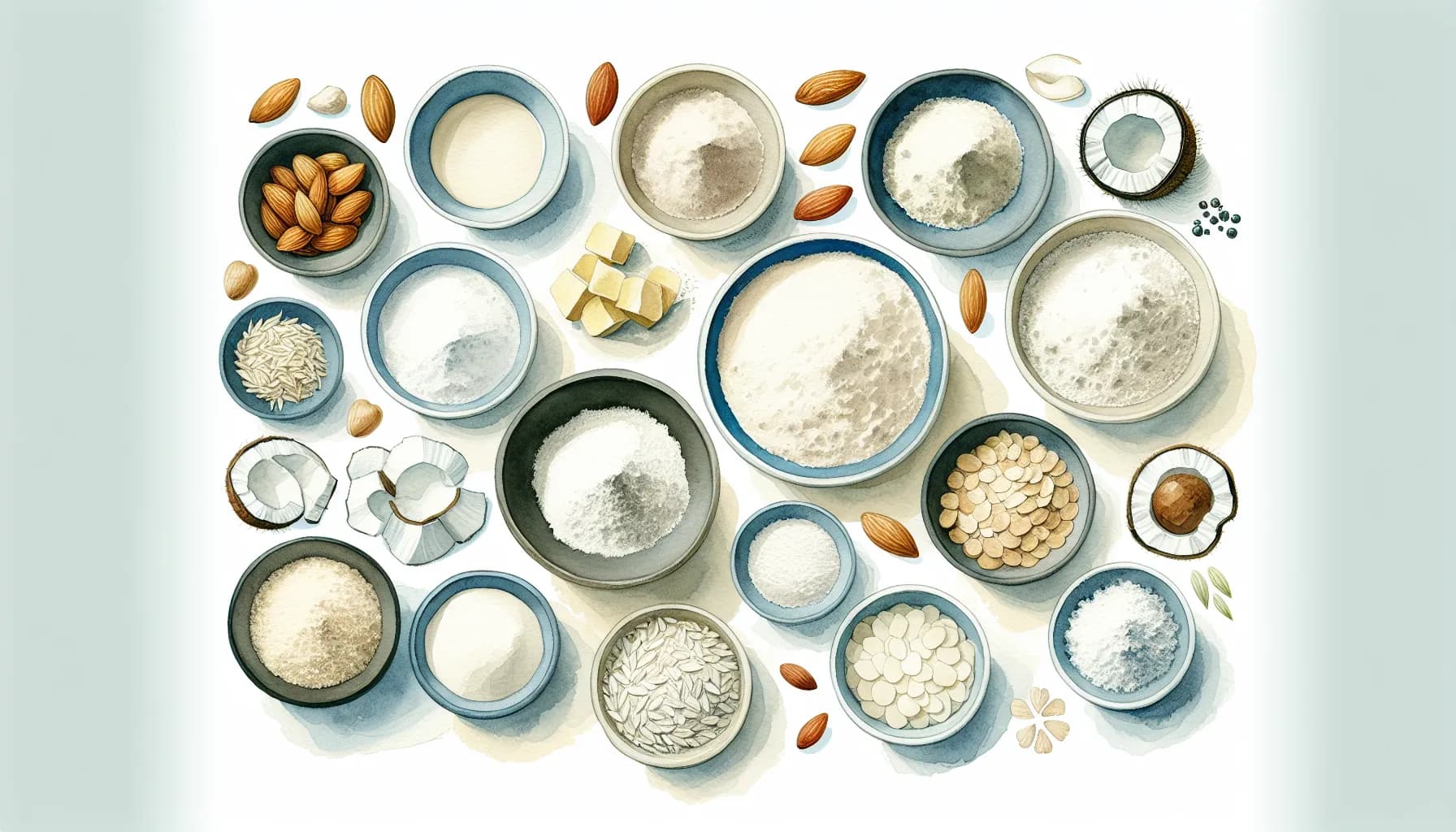 An assortment of gluten-free flours and ingredients arranged in ceramic bowls