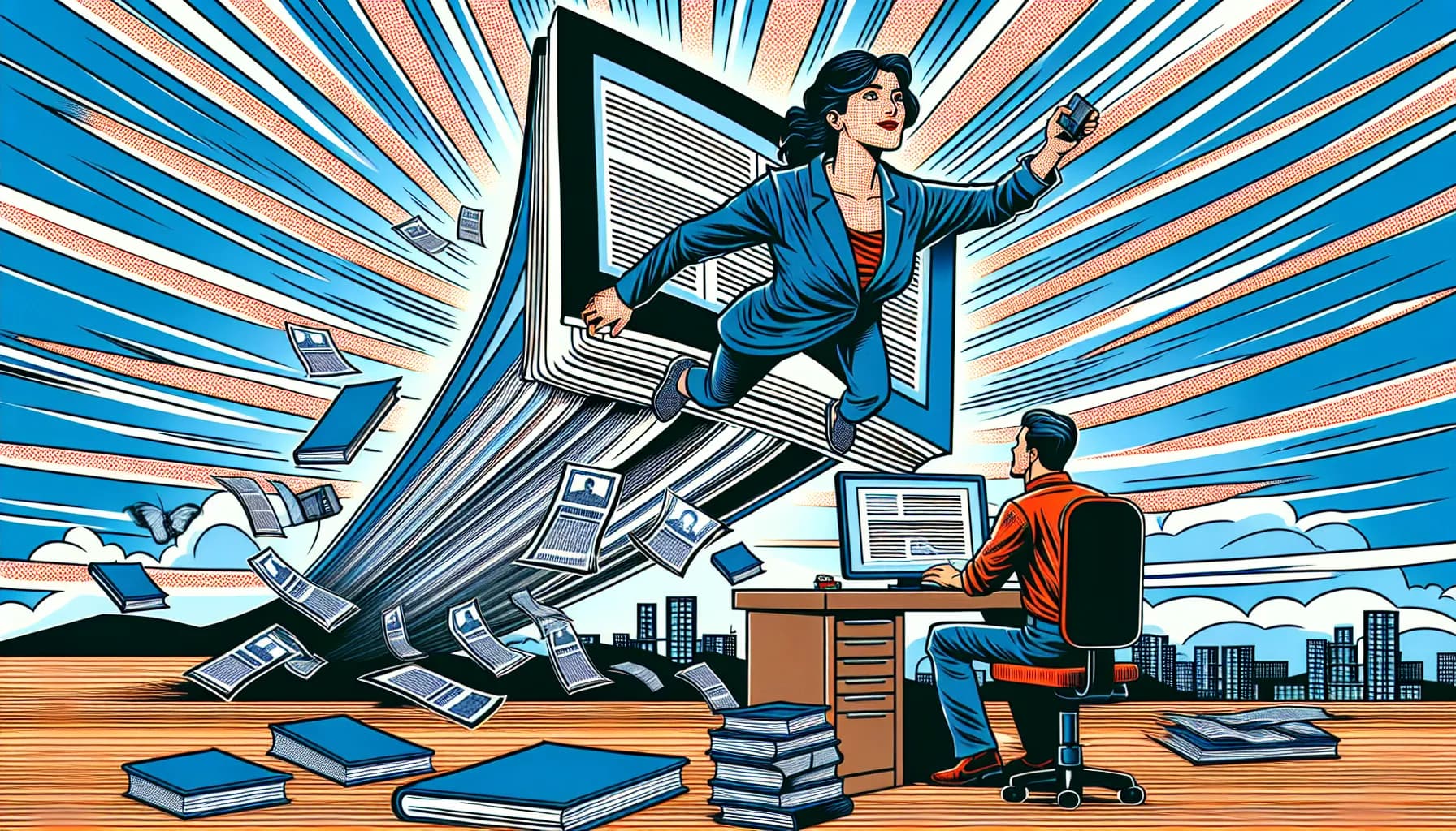 Breaking out of conventional bounds, a woman leaps dynamically from her workplace into a realm of new possibilities, leaving behind a trail of papers and a disrupted office as a colleague looks on.