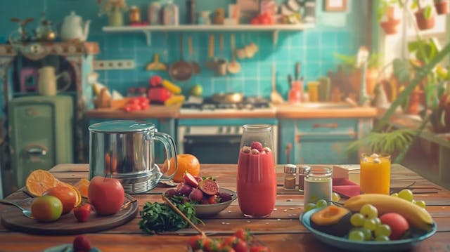 A cozy kitchen with fresh fruits, juice, a blender, and a vintage vibe.