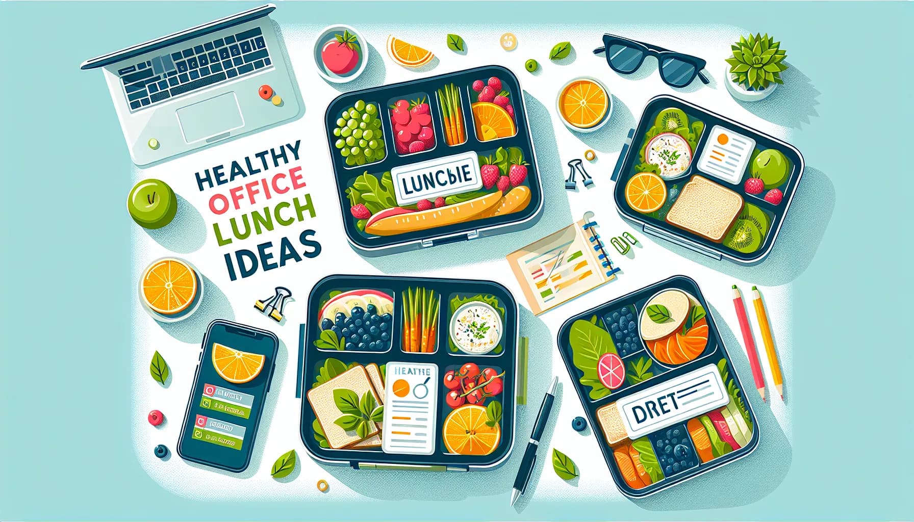 Healthy office lunch ideas featuring colorful and nutritious meal options neatly organized in lunch boxes, with a laptop and smartphone suggesting a busy work environment