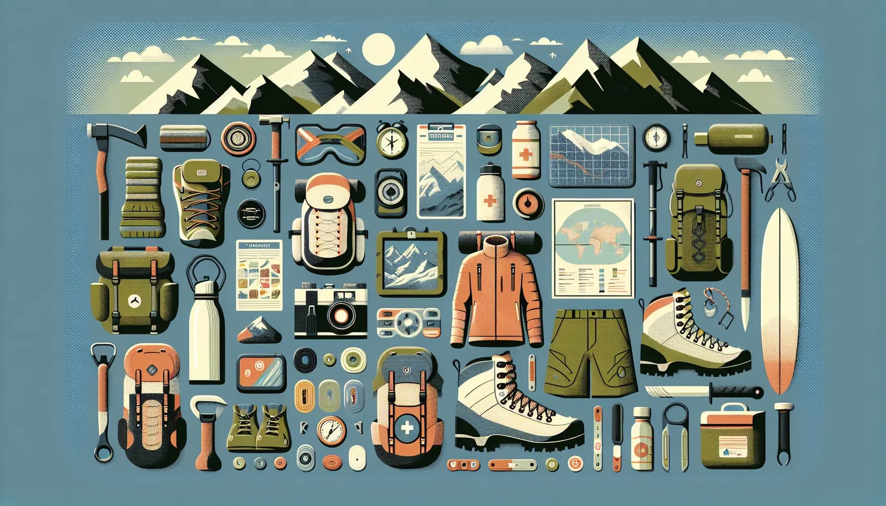 Essentials for the adventurous soul: a comprehensive kit for every outdoor escapade against a backdrop of majestic mountains