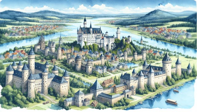 A vibrant watercolor illustration of a bustling medieval town, complete with a grand castle overlooking a serene river, surrounded by lush countryside and distant hills.