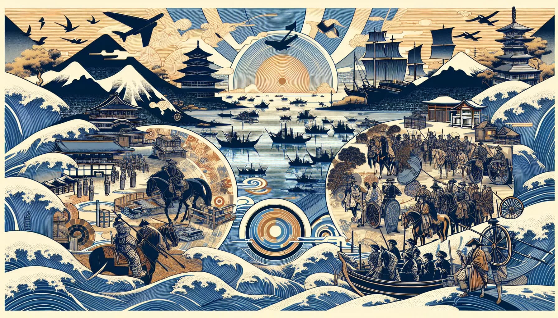 A panoramic traditional Japanese artwork depicting a dynamic battle scene with samurai warriors and cavalry amidst a beautifully stylized landscape featuring waves, mountains, and the rising sun.