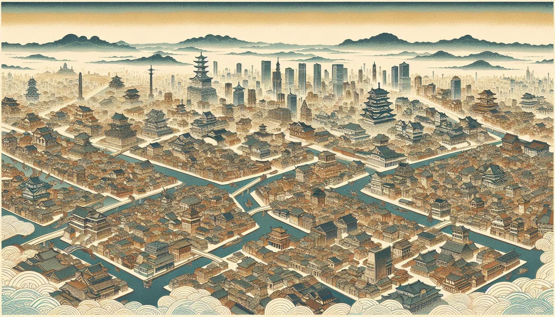 A detailed historical map showing an ancient city with intricate canals and traditional architecture, nestled among rolling hills