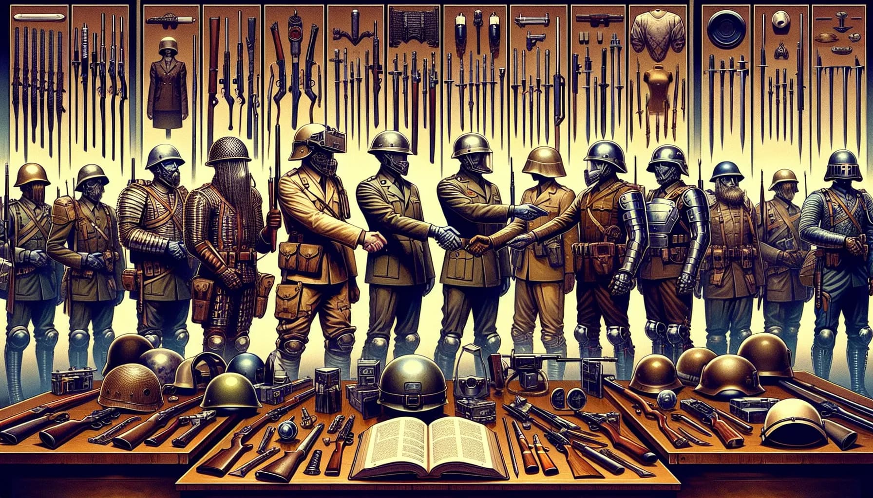 Soldiers from different eras unite in a timeless handshake, surrounded by the evolution of military gear and history