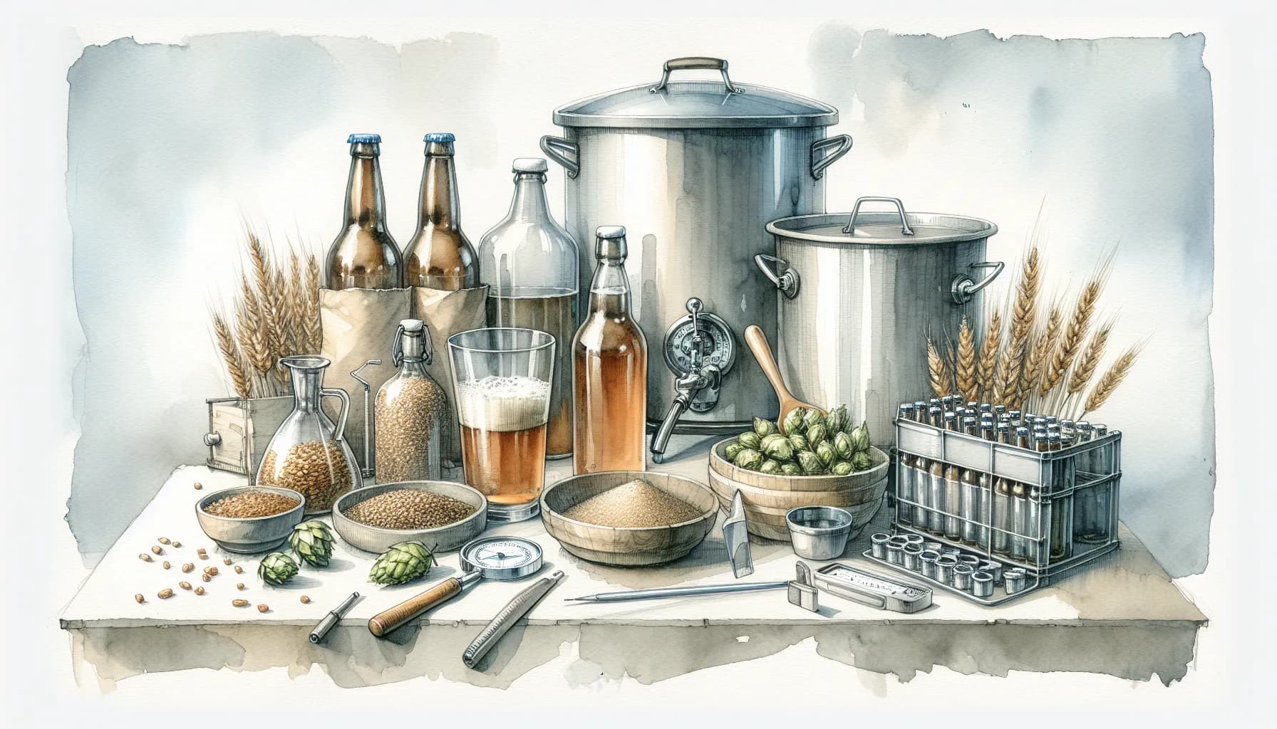 A rustic brewing set up with bottles, pots, grains, and fresh hops, ready for crafting homemade beer