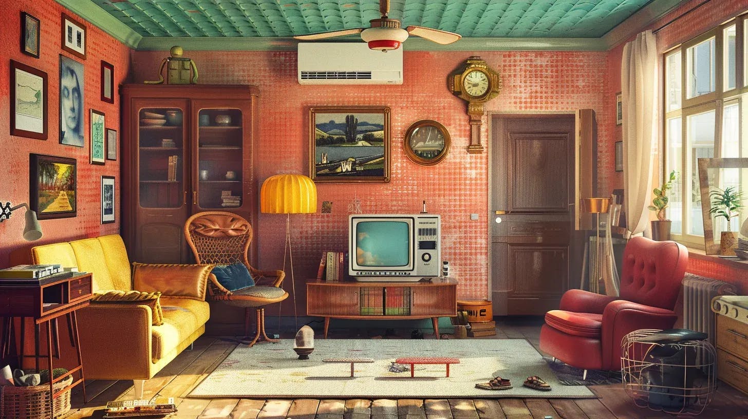 A retro-style living room with vintage furniture, a CRT TV, and various decorations.
