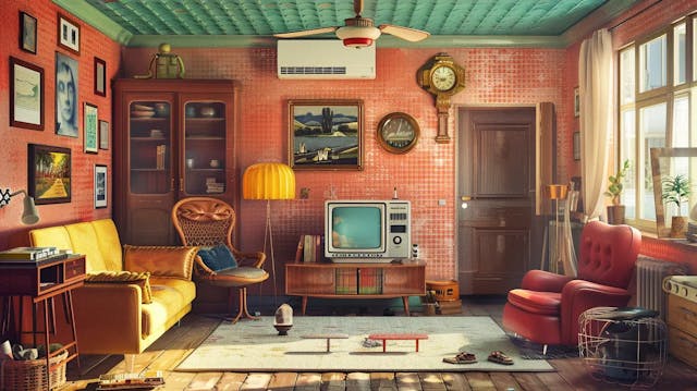 A retro-style living room with vintage furniture, a CRT TV, and various decorations.