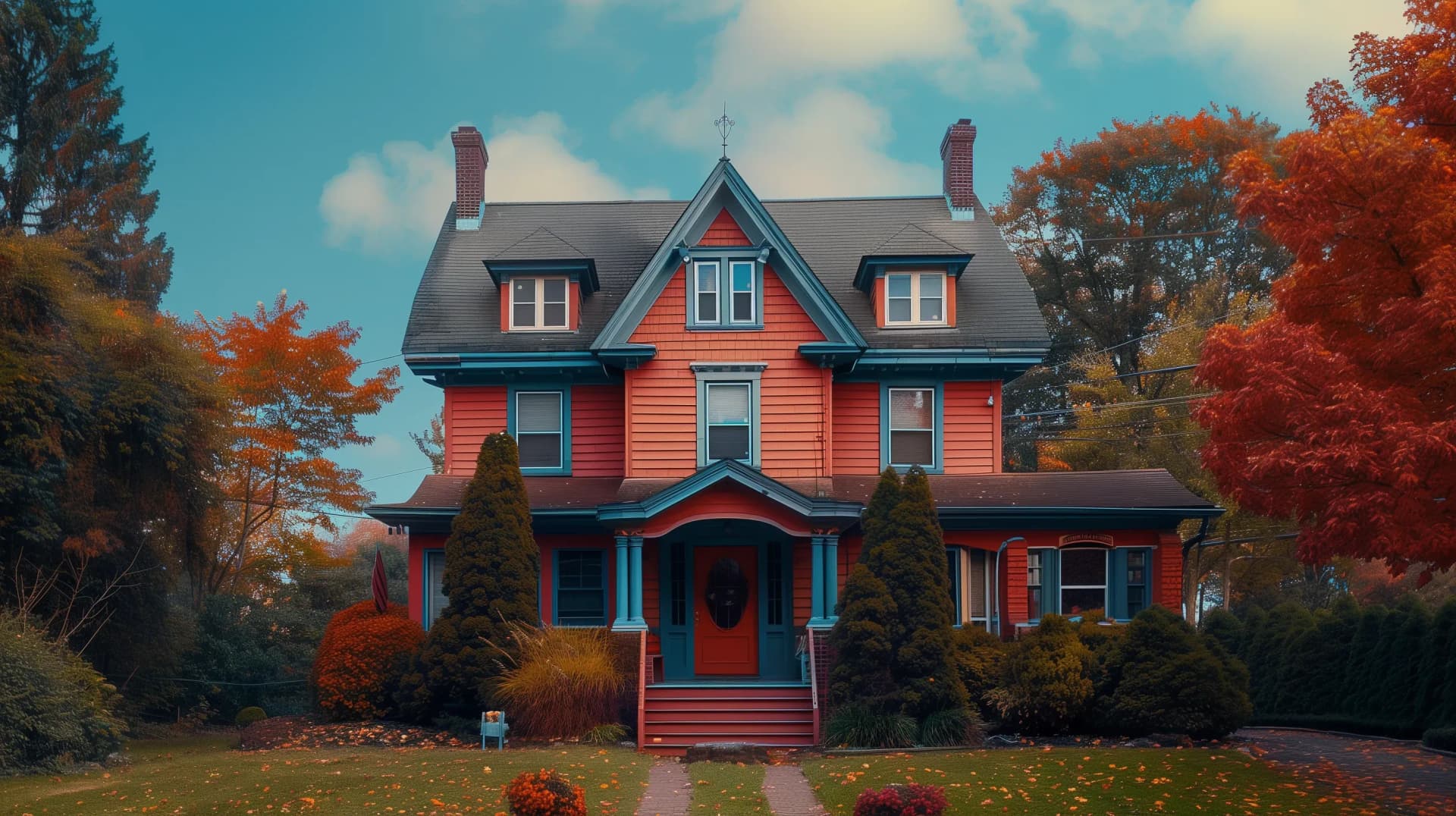 A colorful house exterior with a door, plants, washing machine, and window.