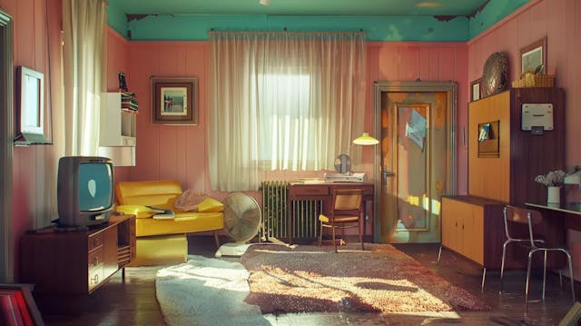 A vintage styled living room with retro furniture, a TV, and pastel colors.