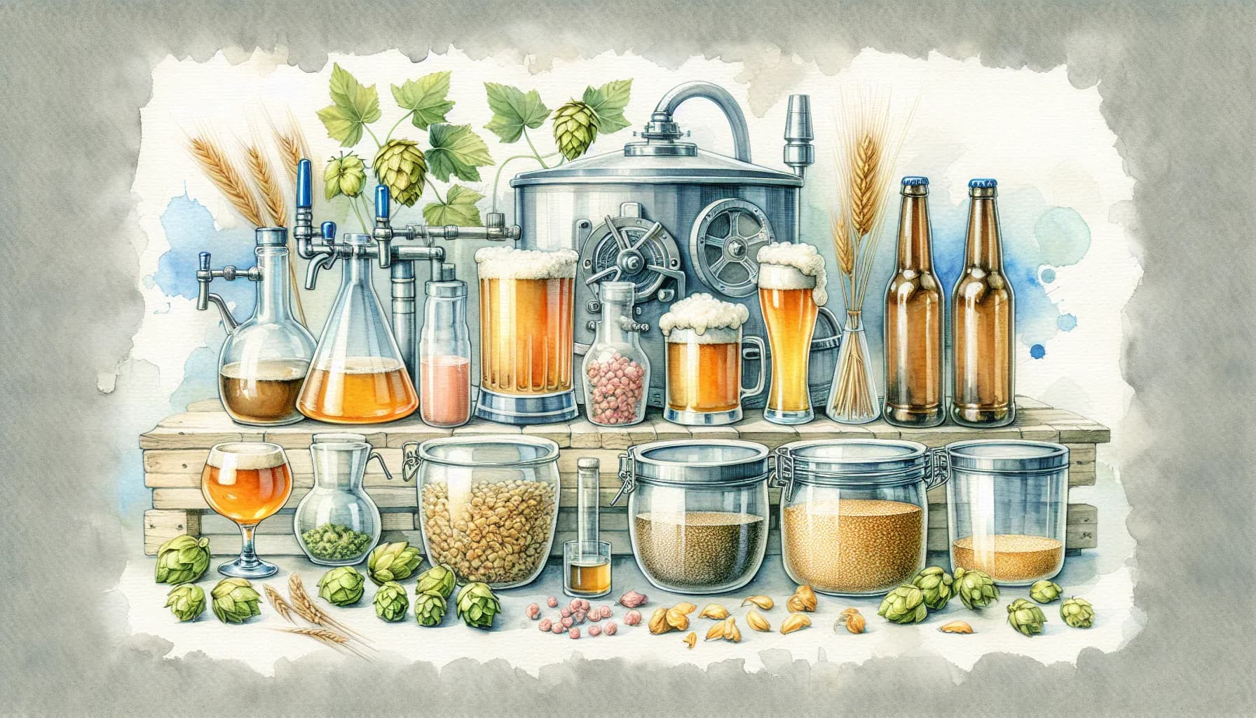 A watercolor illustration showcasing a home brewing setup with various ingredients and equipment for making beer