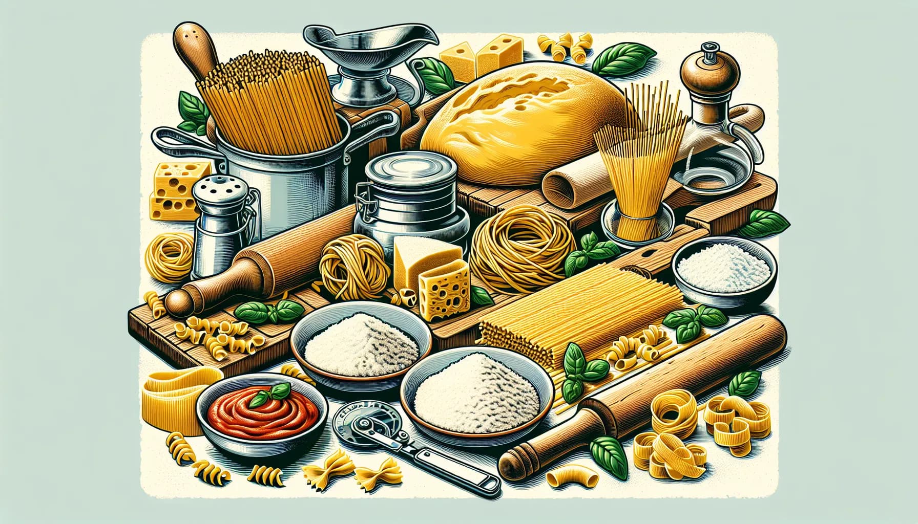 A vibrant collection of Italian cooking essentials, featuring fresh pasta, herbs, and kitchen tools