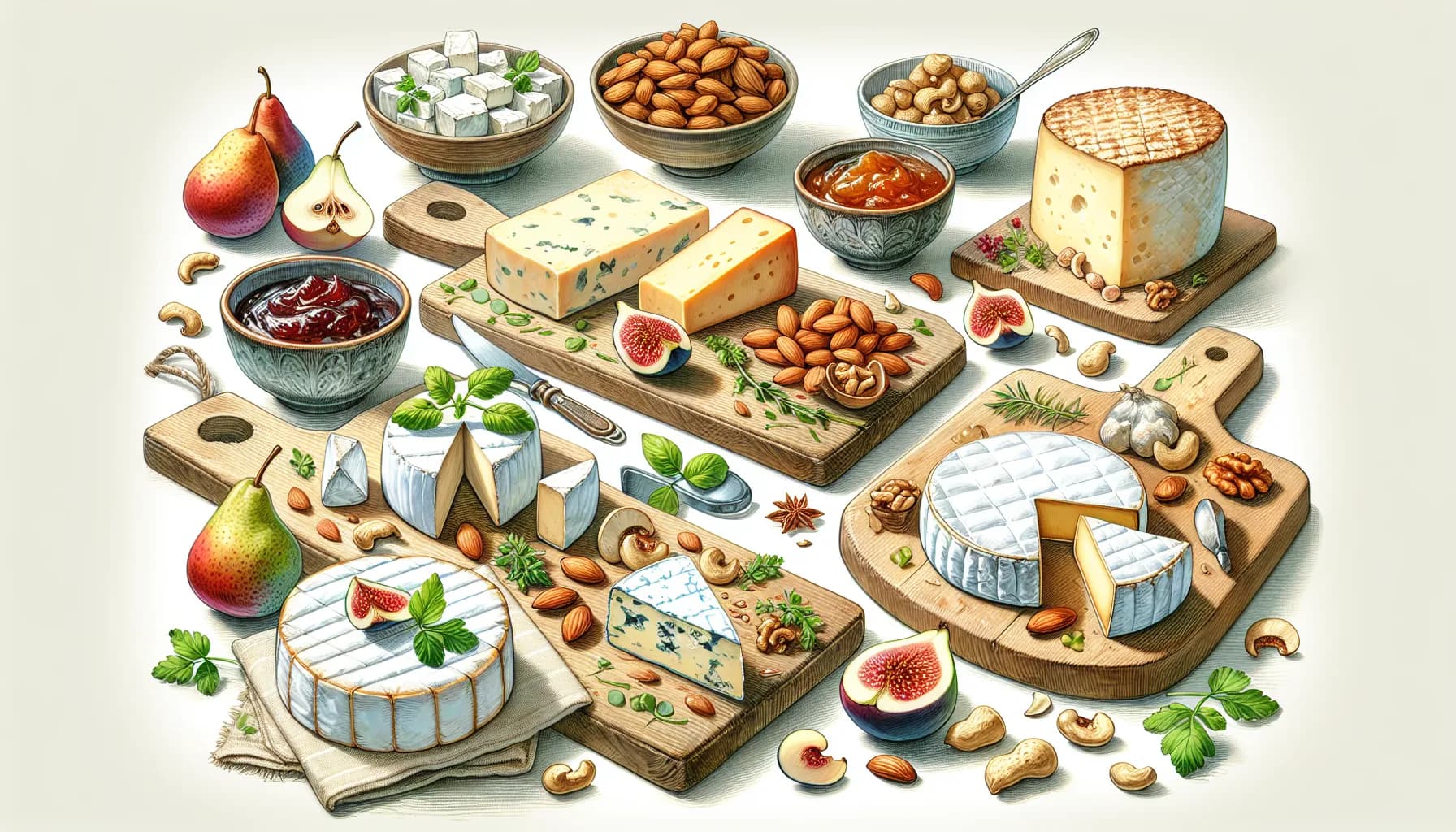 A gourmet cheese board arrangement featuring a variety of cheeses, nuts, fruits, and dips, elegantly displayed on wooden platters, perfect for a luxurious appetizer or party centerpiece.