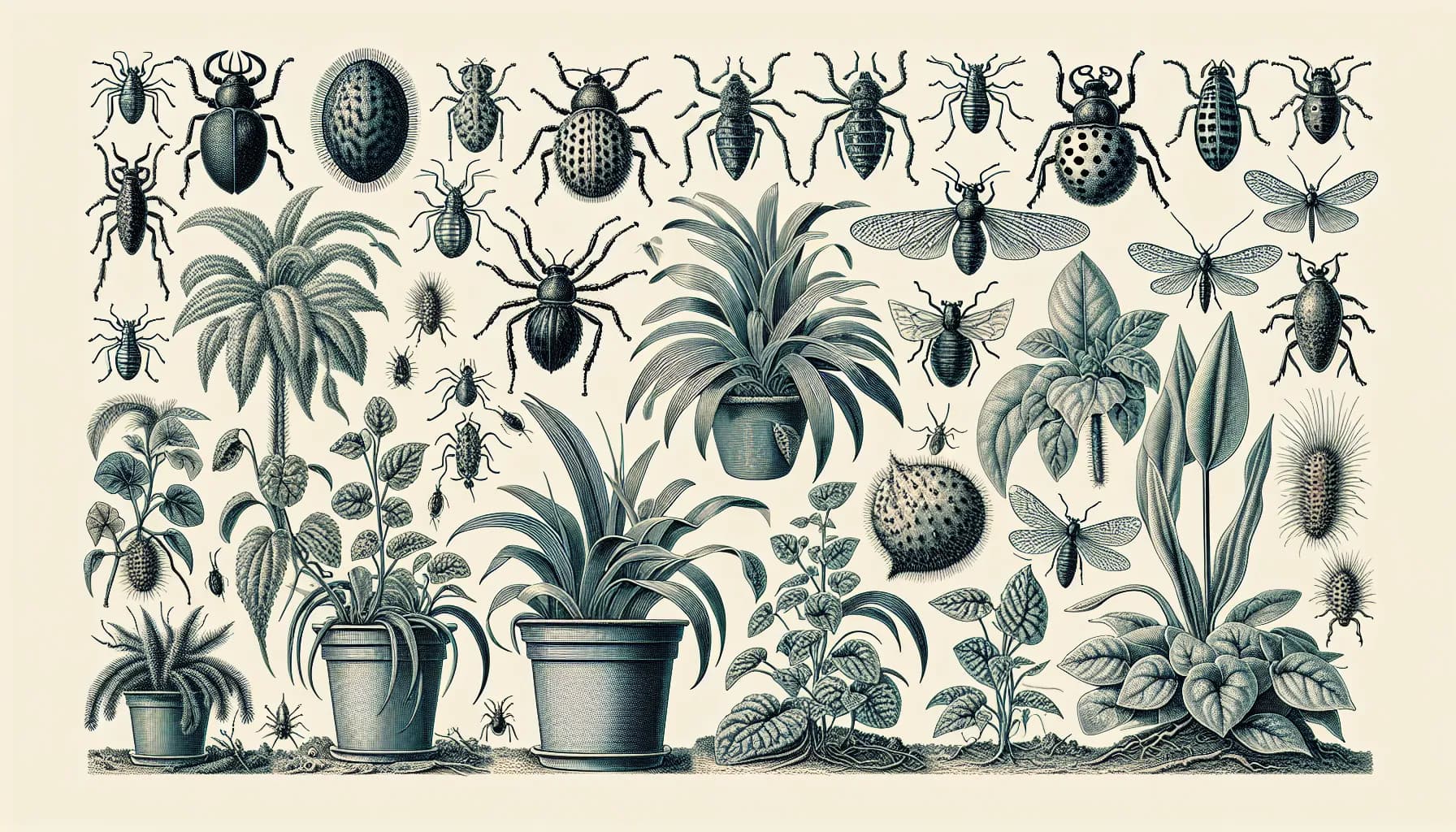 A vintage illustration showcasing an array of exotic insects and tropical plants in a detailed botanical arrangement