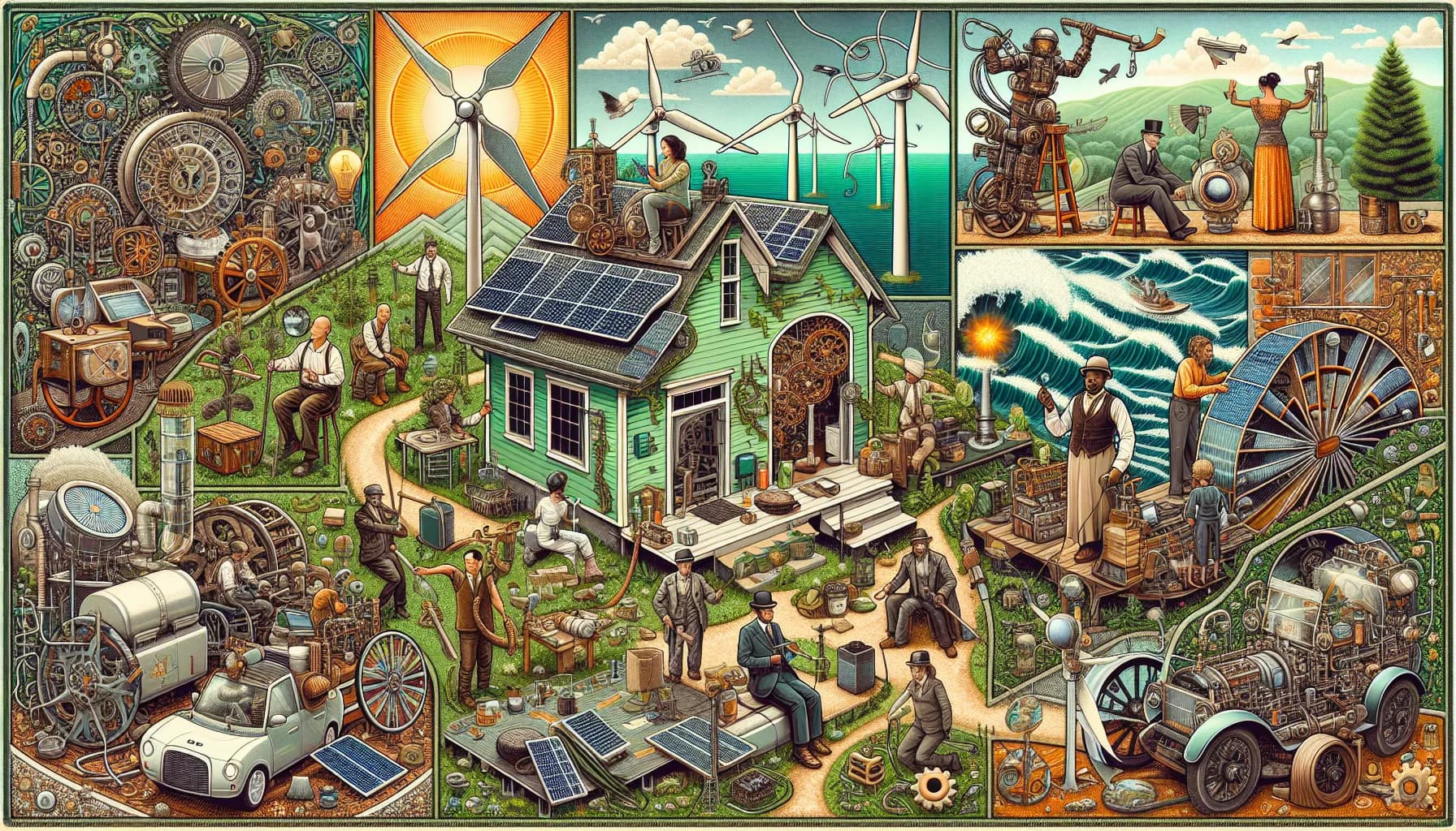 A vibrant tapestry of sustainable living, showcasing renewable energy sources, eco-friendly homes, and green technology harmoniously integrated into everyday life.