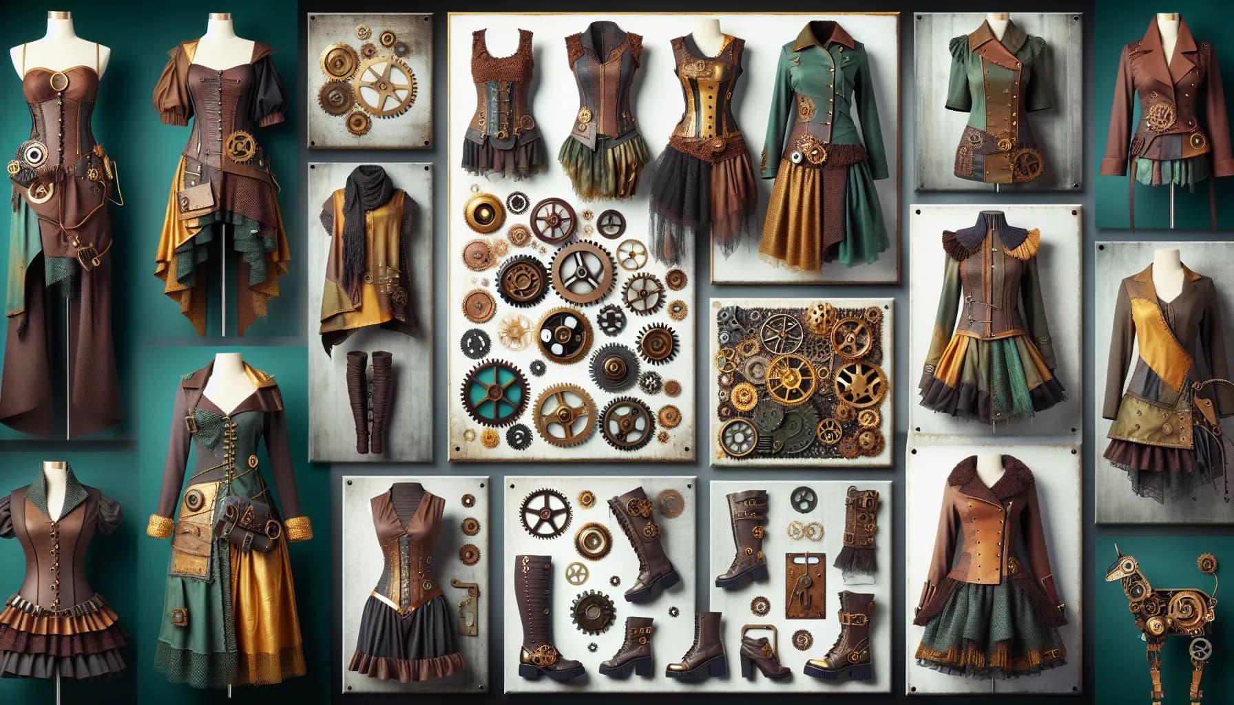 A collage showcasing an array of steampunk-inspired costumes and accessories, featuring intricate designs and a blend of vintage and futuristic elements