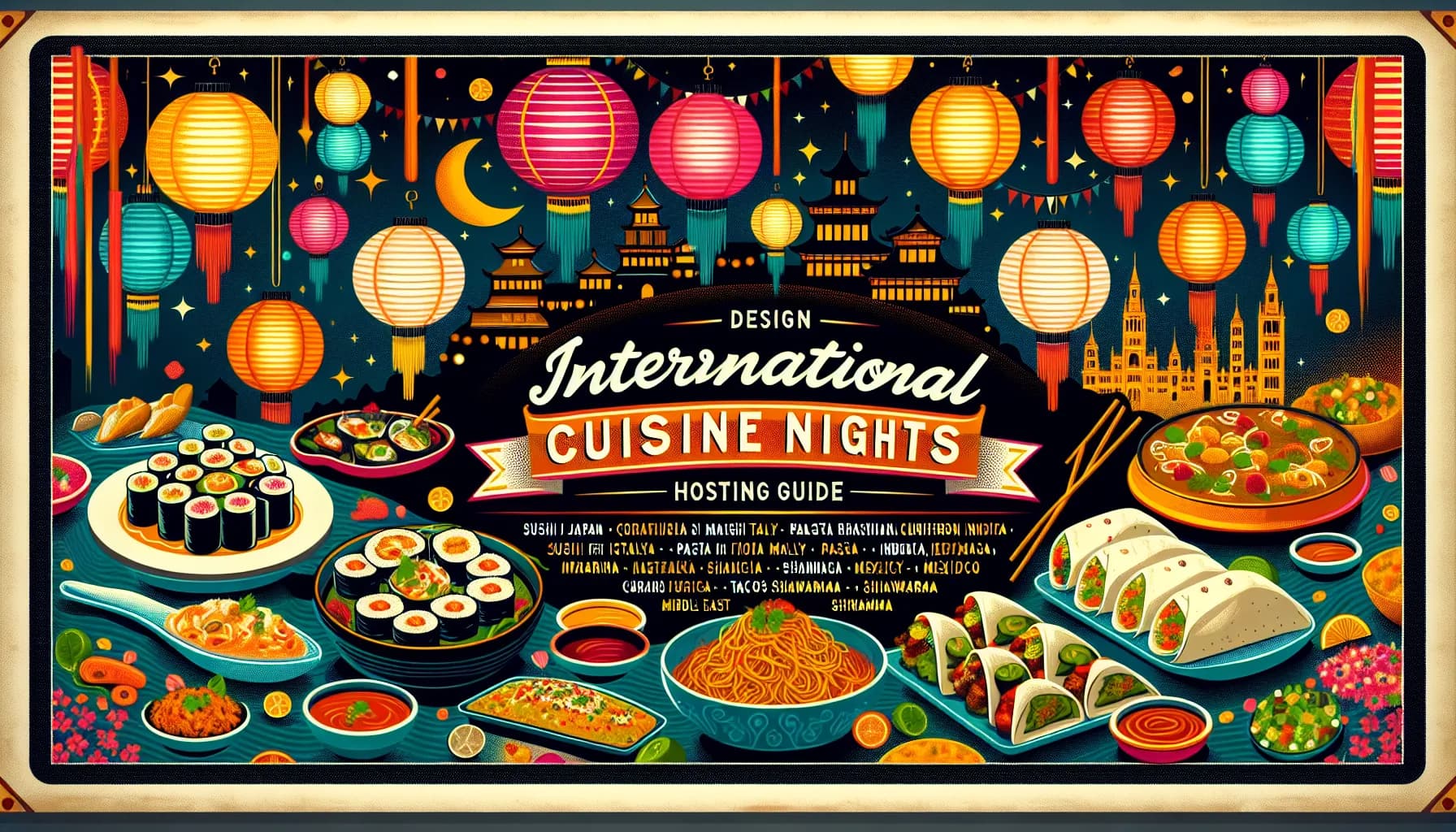 A vibrant and colorful poster for International Cuisine Nights featuring an array of global dishes under festive lanterns, inviting a flavorful journey around the world.