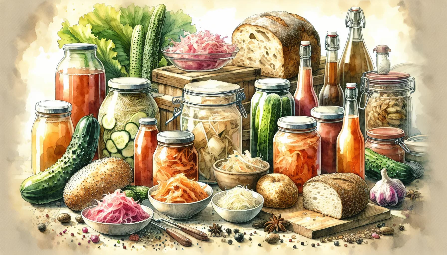 A collection of preserved delights: home-canning at its colorful best, featuring jars of pickles, vegetables, and sauerkraut with fresh produce and baked bread ready to enjoy.