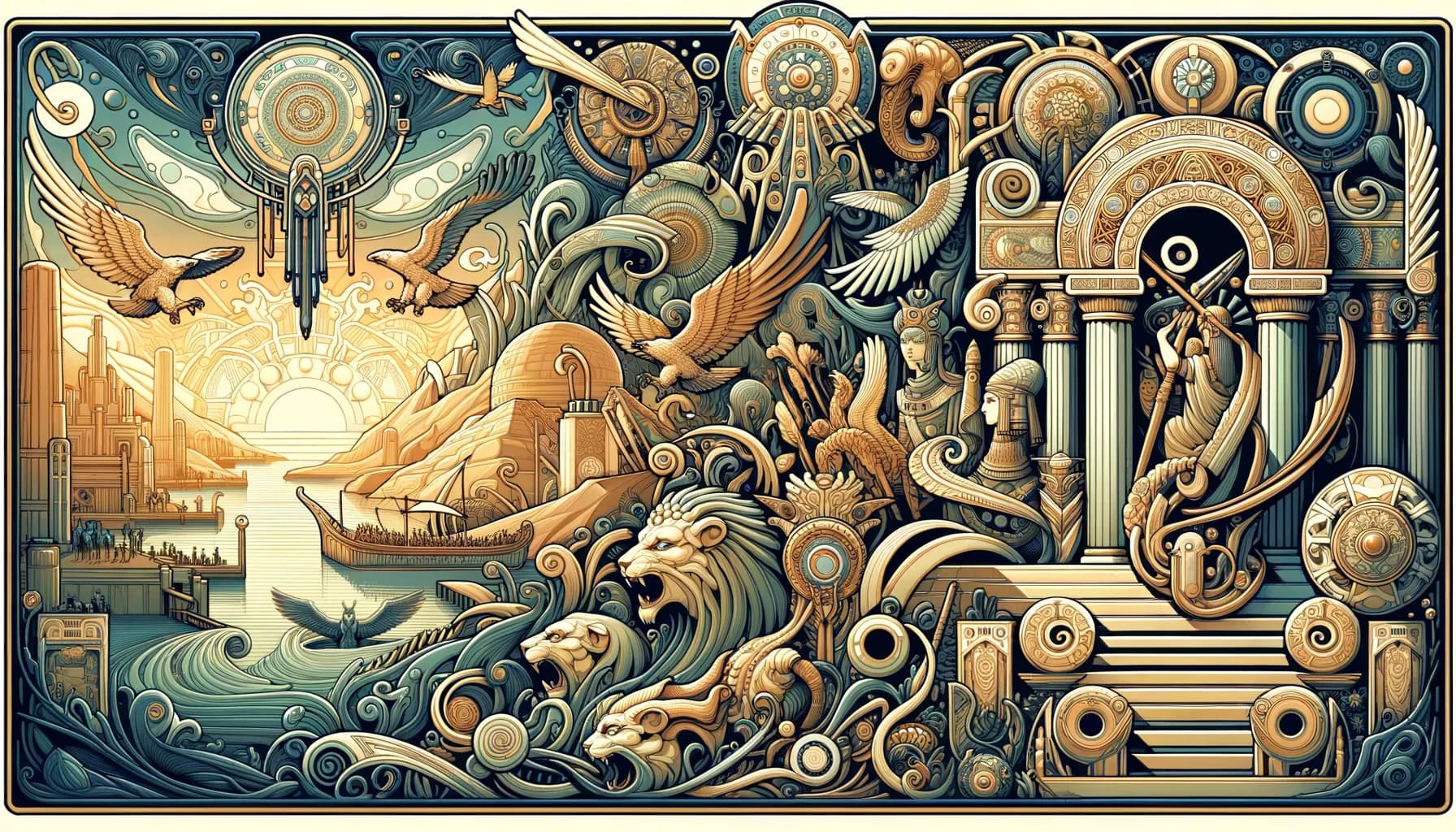 A tapestry of myth and machinery: from celestial guardians to ancient gears, where legends and gears intertwine under a timeless sky.