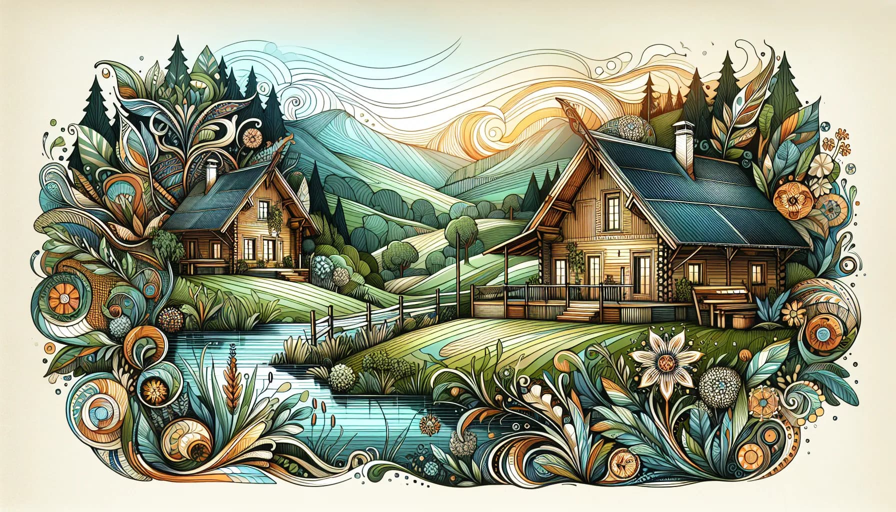 A serene valley dreamscape: quaint cottages embraced by the gentle caress of nature and flowing rivers under the watchful eye of the rising sun.