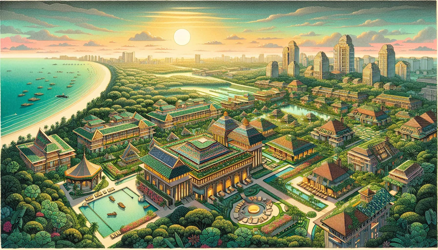 Sunset hues embrace a futuristic cityscape blending traditional architecture with modern design near a tranquil sea.