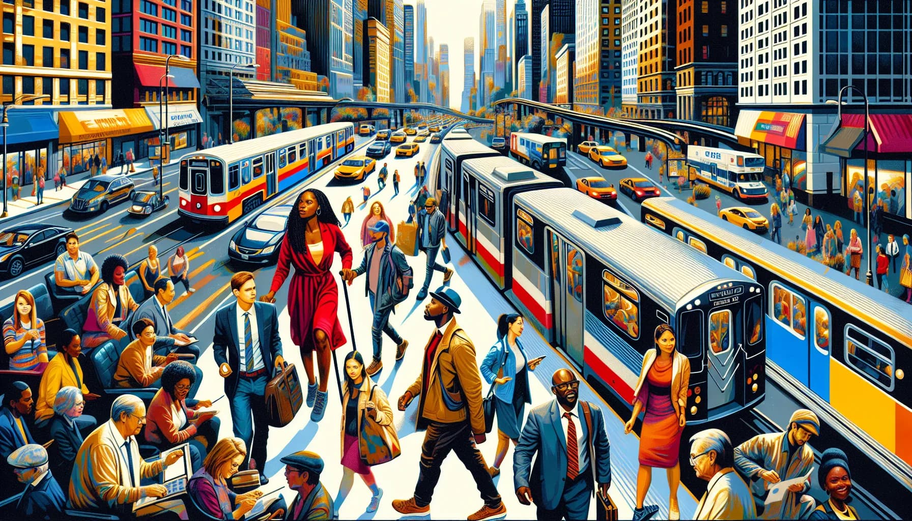 Vibrant city life pulses with energy as pedestrians and trams navigate the bustling streets