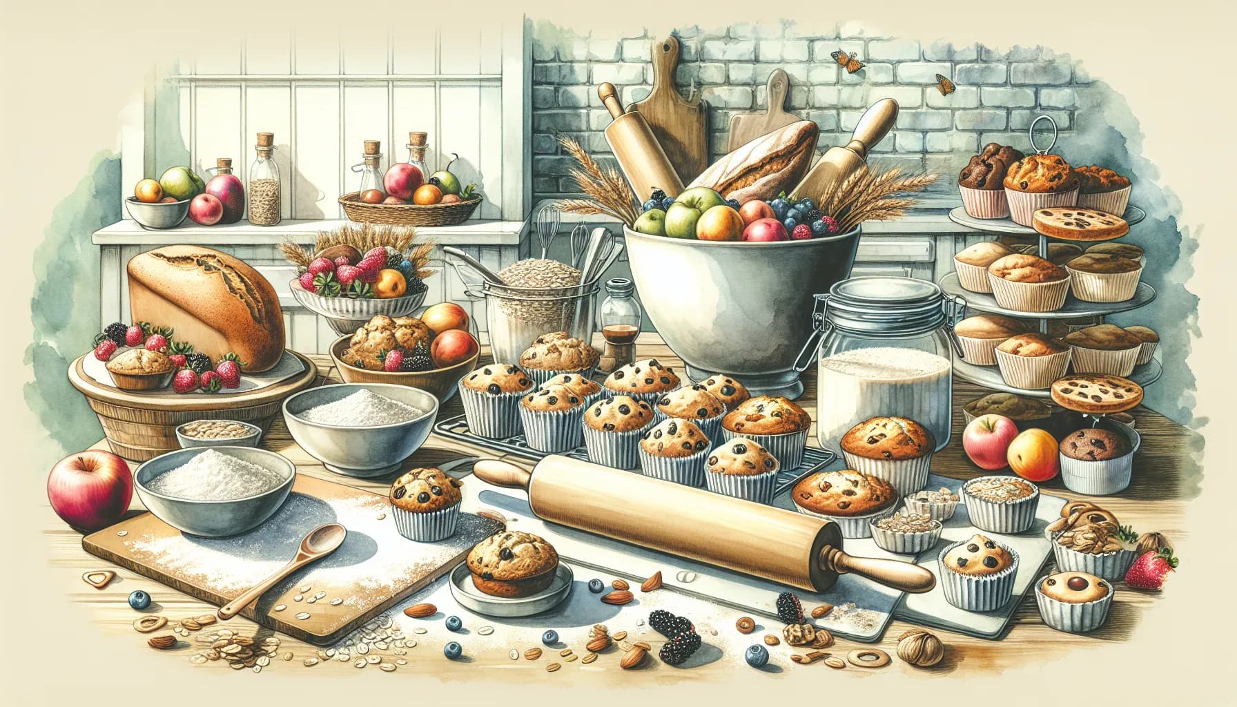 A baker's paradise filled with an abundance of fresh fruits, vegetables, and a variety of freshly baked bread and pastries