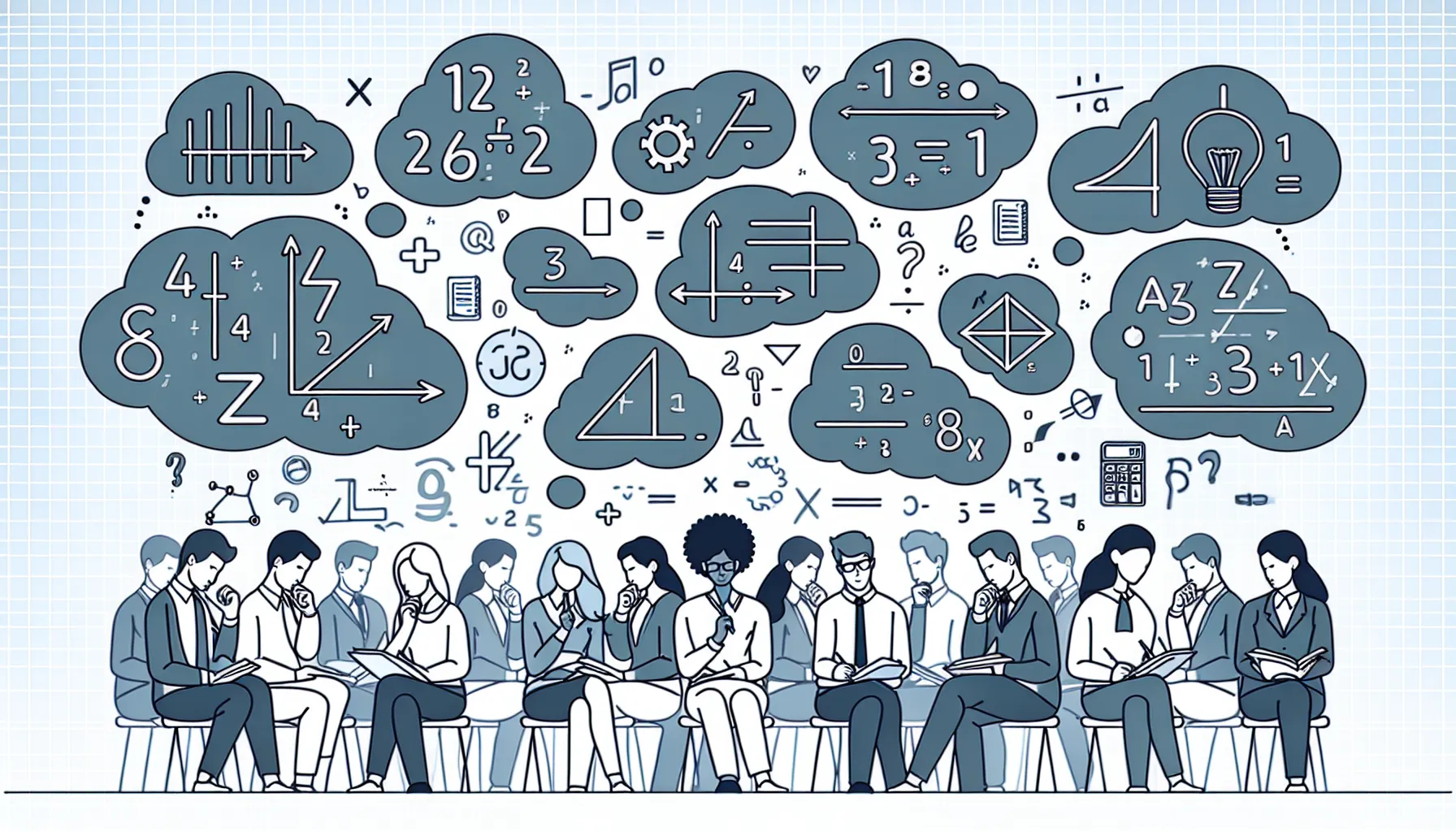 Diverse group of people using smartphones and tablets under a canopy of mathematical and technological thought bubbles