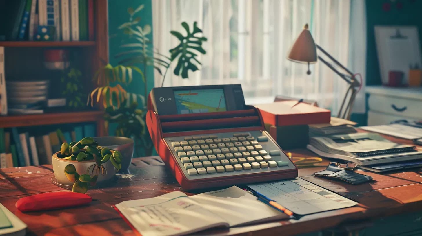 A vintage desk with an old computer, typewriter, desk lamp, plants, and books under warm lighting.