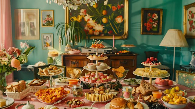 Lavish vintage brunch setup in a teal room with elegant floral paintings and an abundant spread of fruits, pastries, and savories.