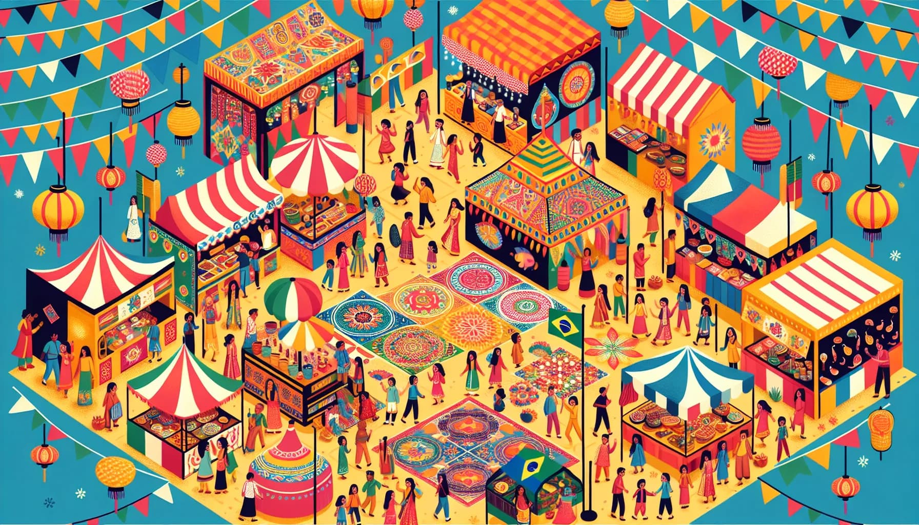 A vibrant and colorful illustration of a bustling outdoor festival, featuring tents, flags, and people enjoying a sunny day at various stalls and activities.