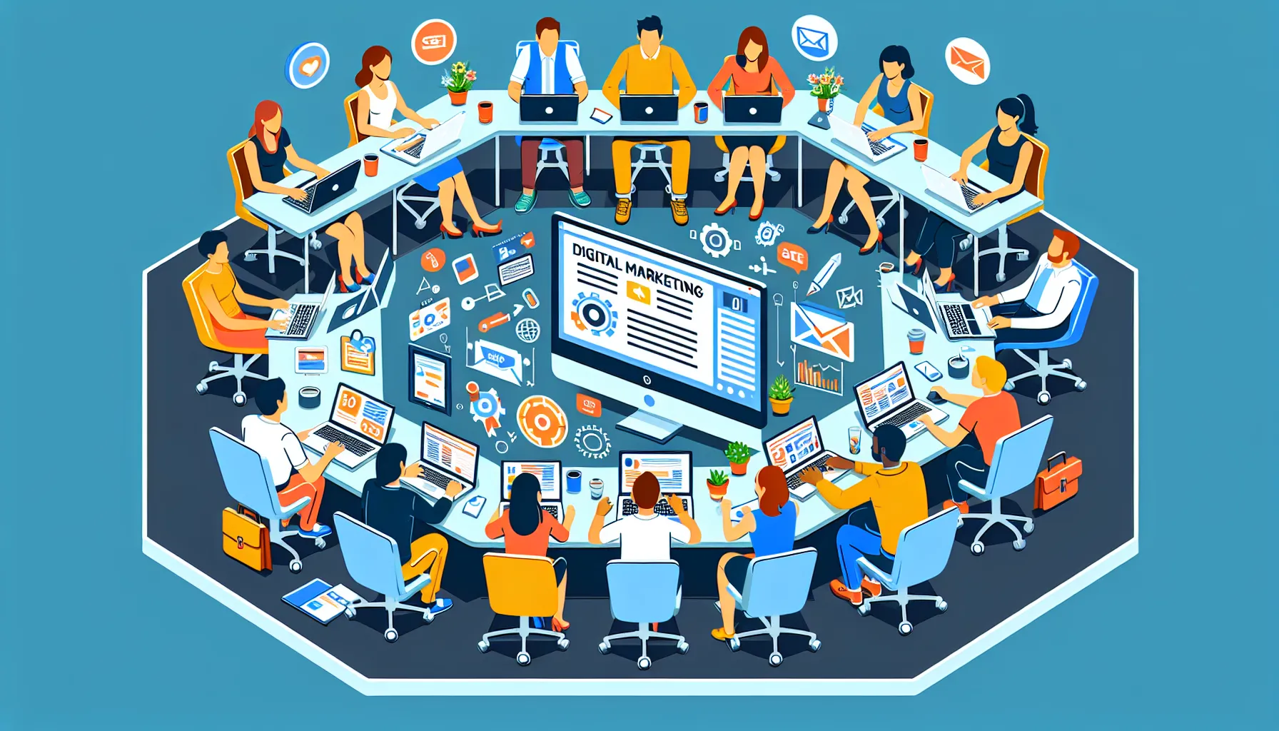 A dynamic team engaged in a bustling, collaborative workspace, surrounded by digital tools and connectivity symbols