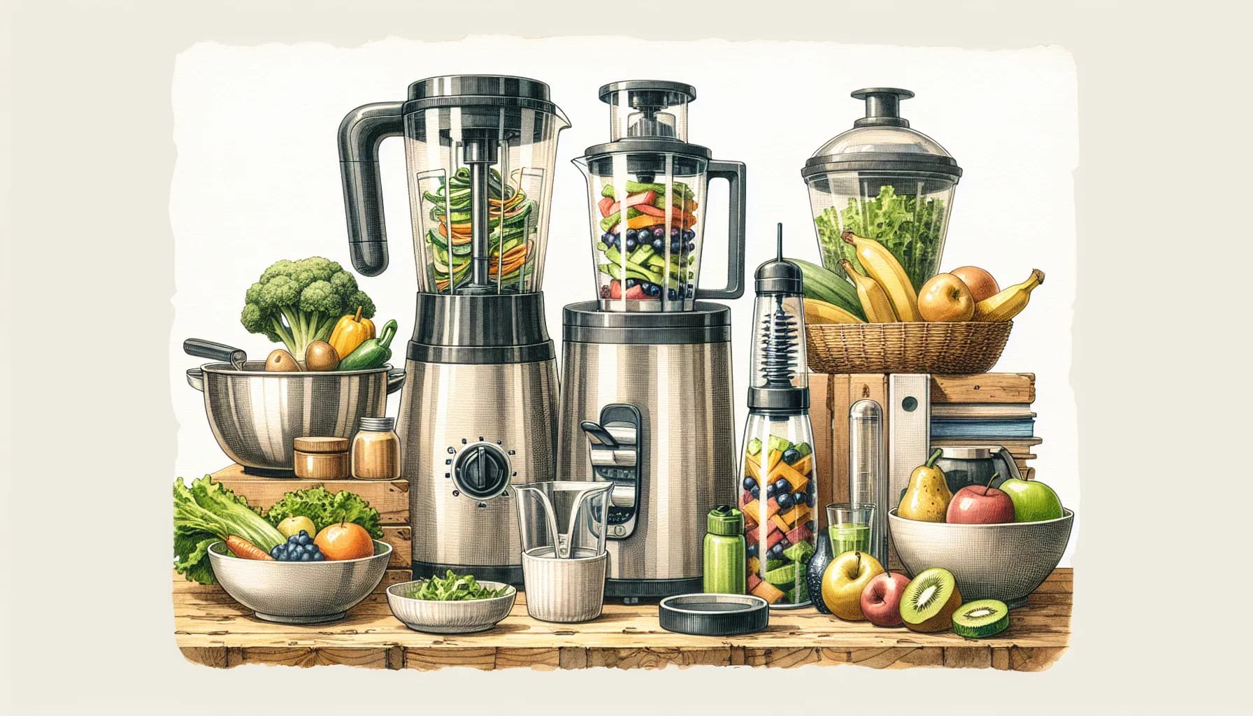 A collection of modern kitchen appliances and fresh produce ready for a healthy cooking session