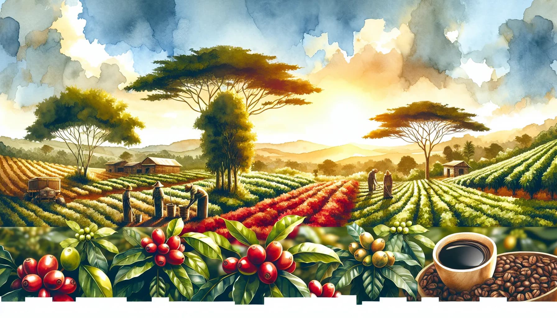 A verdant coffee plantation bathes in the warm glow of a sunrise, with a ceramic cup of coffee poised at the edge, capturing the essence of a fresh brew in the heart of nature.