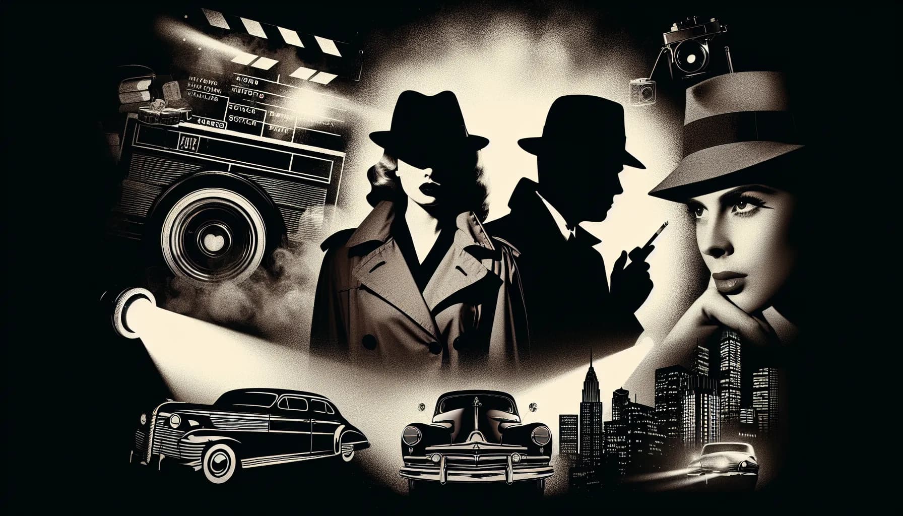A dramatic tribute to the golden age of film noir, featuring detectives, mysterious figures, and the allure of cinema.