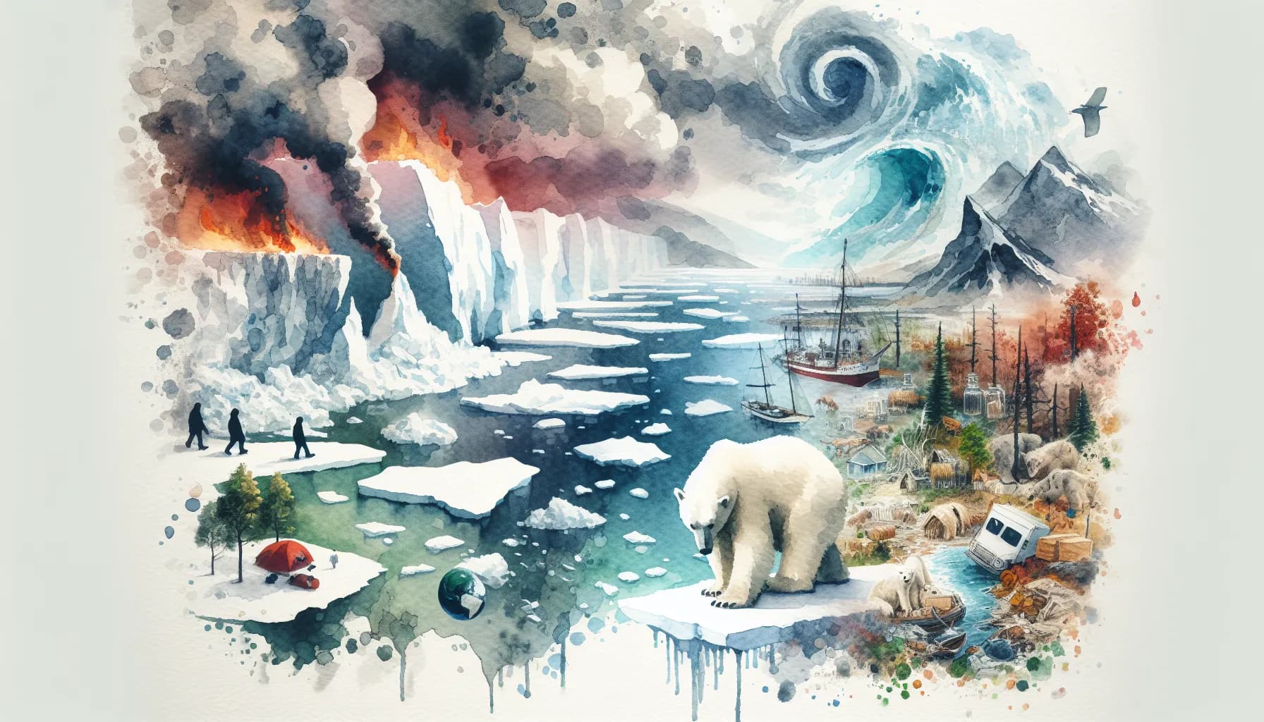 A surreal depiction of climate extremes across diverse landscapes, blending icy realms with fiery horizons and turbulent seas, emphasizing the stark contrasts and beauty of nature in turmoil.