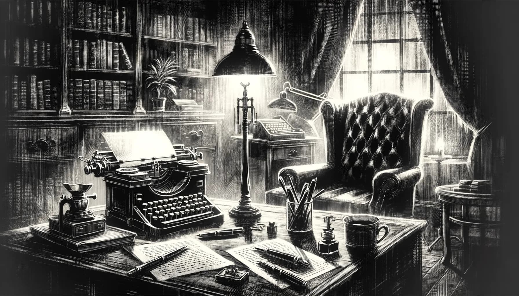 A timeless writer's sanctuary, where stories come to life under the gentle glow of a solitary lamp