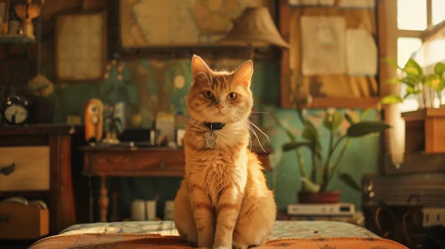 An orange cat with a collar sitting in a vintage room filled with plants and maps.