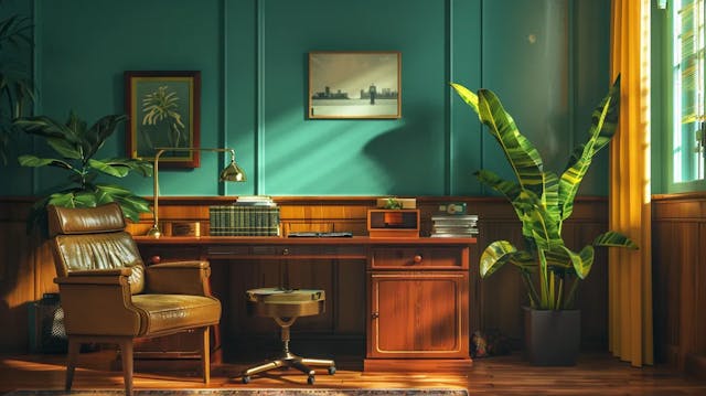 A vintage-style study room with a leather chair, wooden desk, plants, and sunlight filtering through a window.
