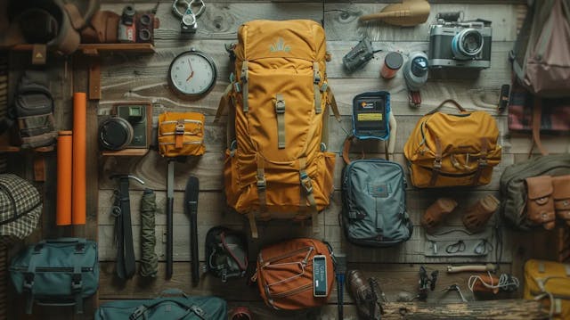 Assorted travel and outdoor gear displayed neatly on a wooden background.
