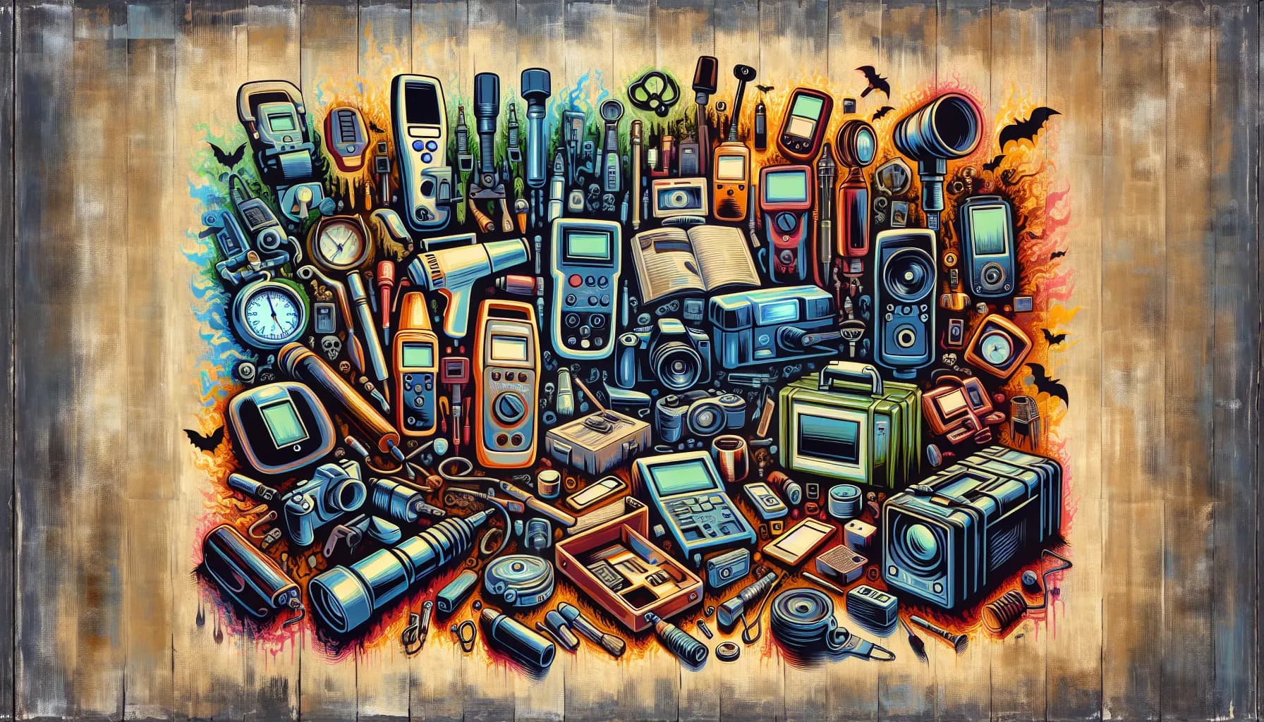 An eclectic collection of electronic gadgets through the decades, showcasing the evolution of technology